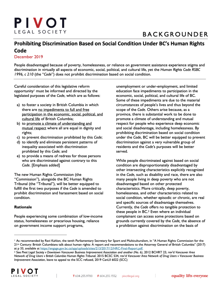 First page: Backgrounder on Prohibiting Discrimination Based on Social Condition Under BC’s Human Rights Code